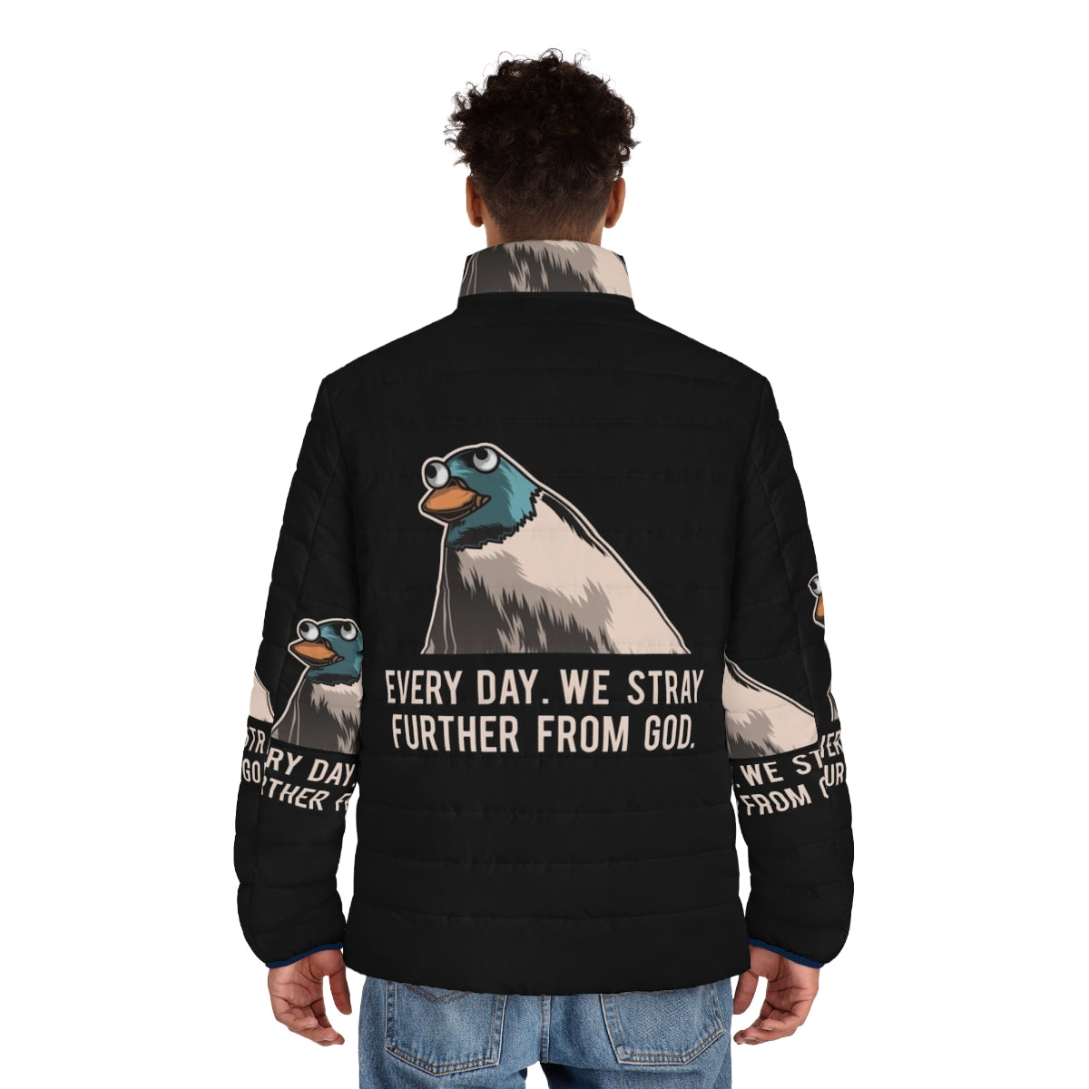 Everyday We Stray Further From God Meme Puffer Jacket with Platypus Design - men back