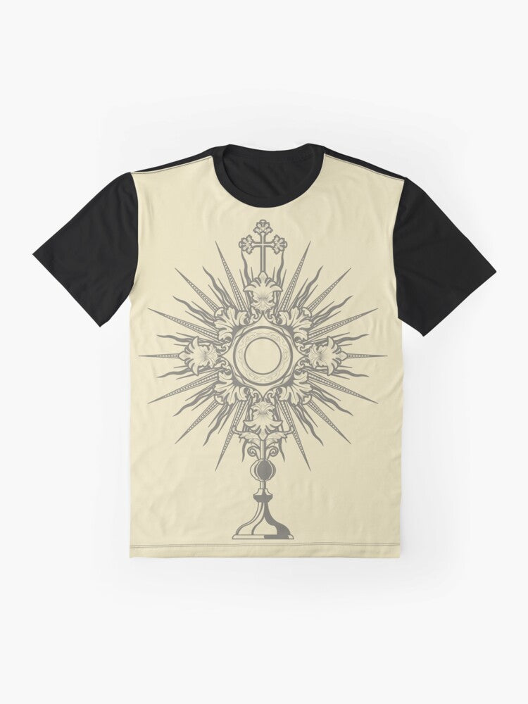 A minimalist, black and white line art design of a monstrance, a Catholic liturgical vessel used to display the consecrated Eucharistic host. - Flat lay