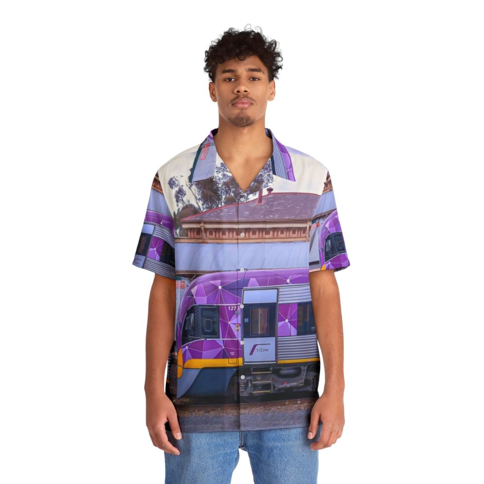 Vline train in Bendigo, Victoria, Australia on a Hawaiian-style shirt - People Front