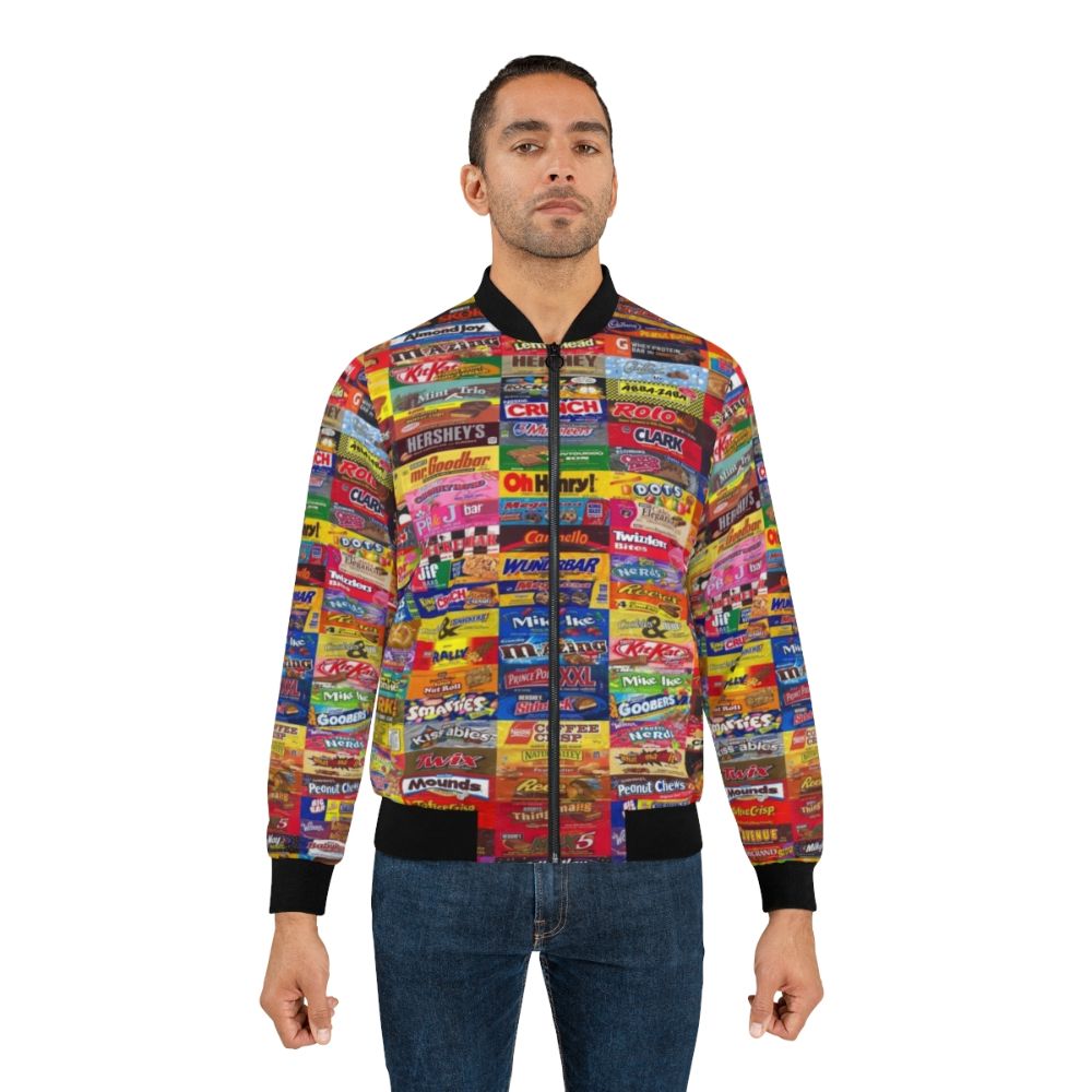 Candy Wrappers Bomber Jacket, featuring a colorful design of various candy wrappers - Lifestyle