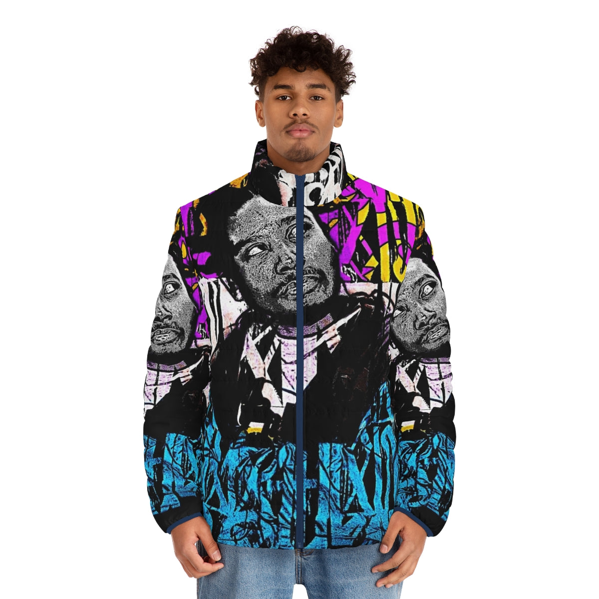 Graffiti-inspired puffer jacket with yellow and blue design - men front