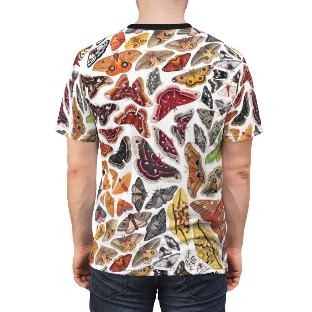 Saturniid moth pattern design on a t-shirt, featuring scientific illustration of moths native to North America. - men back