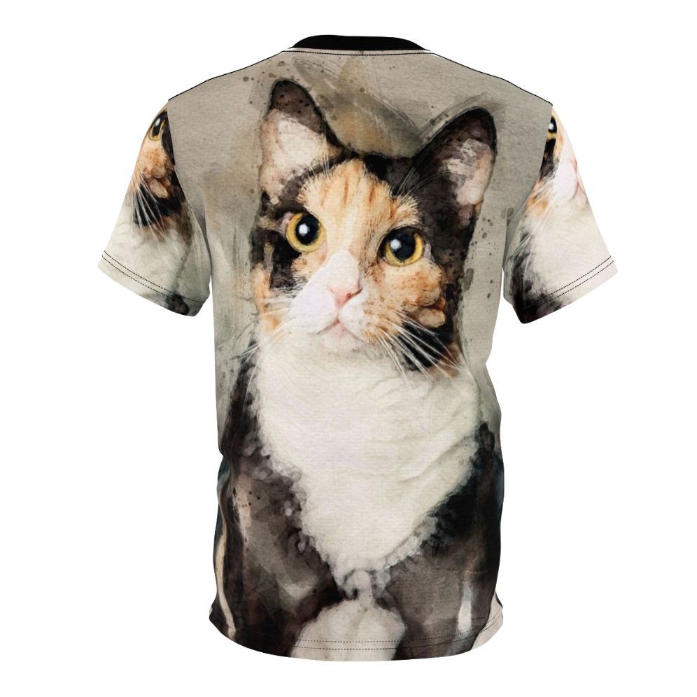 Watercolor painting of a calico cat on a t-shirt - Back