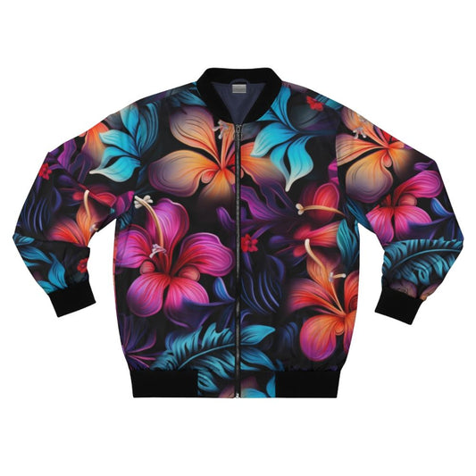 Model wearing a dark Hawaiian pattern bomber jacket with tropical flowers and bioluminescent designs