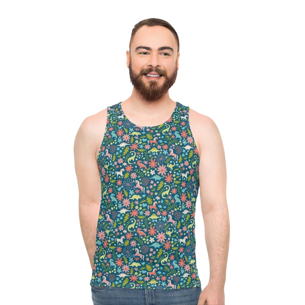 Dinosaur and unicorn unisex tank top with a floral pattern - men