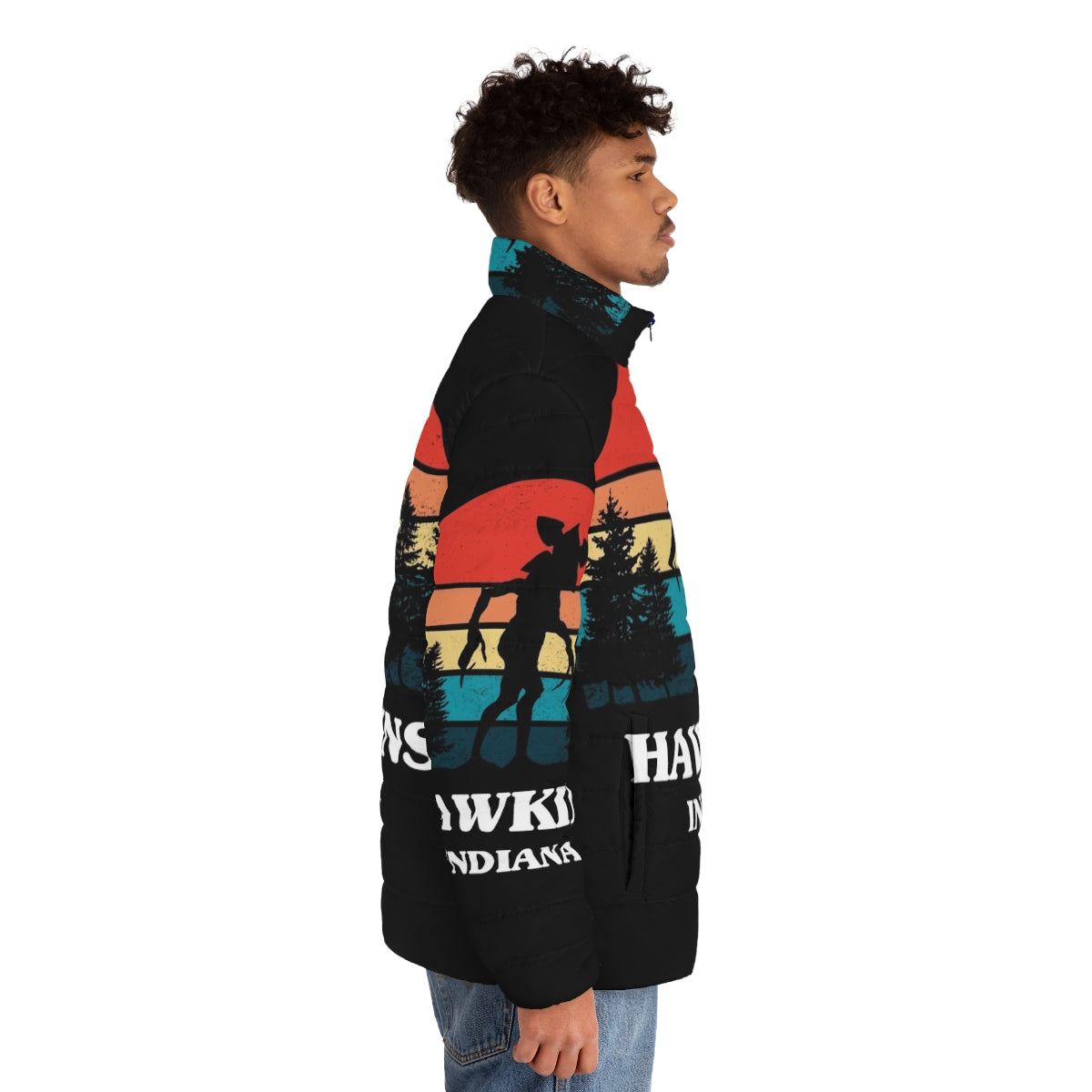 Stranger Things Demogorgon Puffer Jacket featuring Hawkins, the Upside Down, and 80s references - men side right