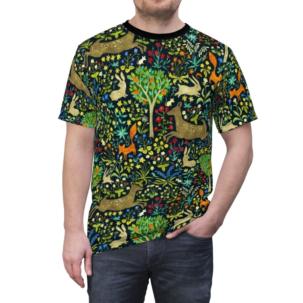 Arazzo Medievale medieval-inspired t-shirt featuring forest animals like hares, deer, and foxes in a nature-themed design - men front