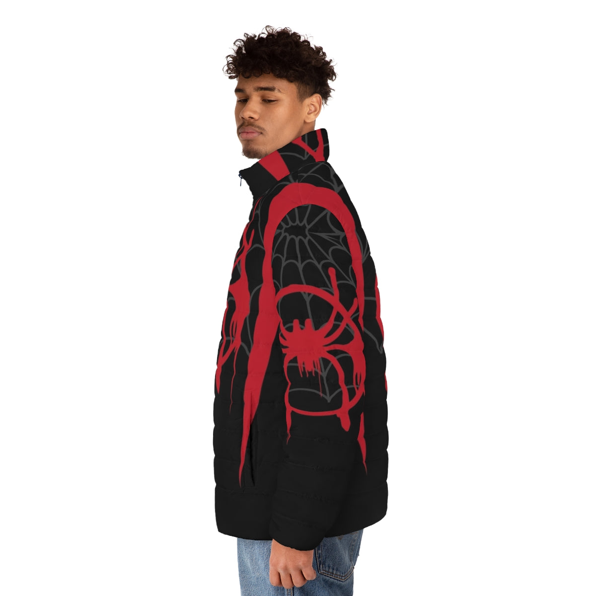 Miles Morales spider-verse puffer jacket with web design - men side left