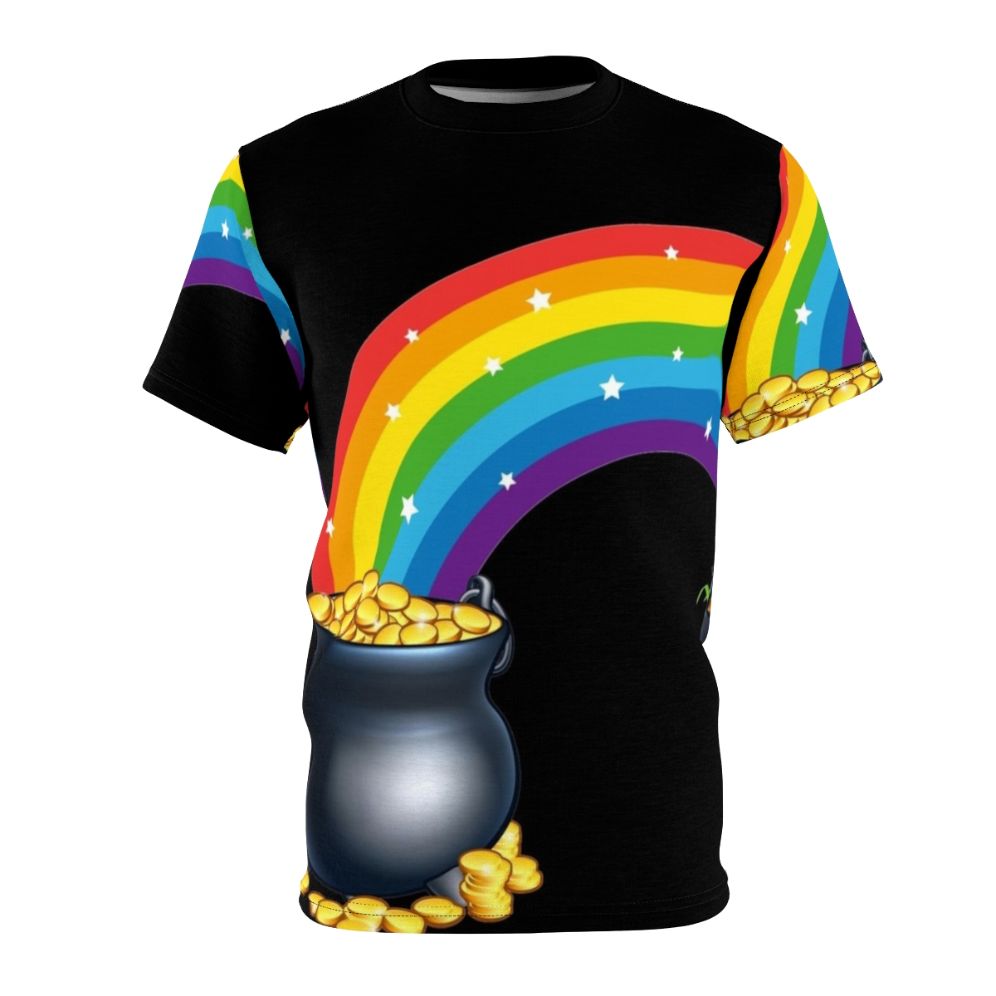 Graphic tee featuring a pot of gold at the end of a rainbow, representing the Irish legend of luck and prosperity.