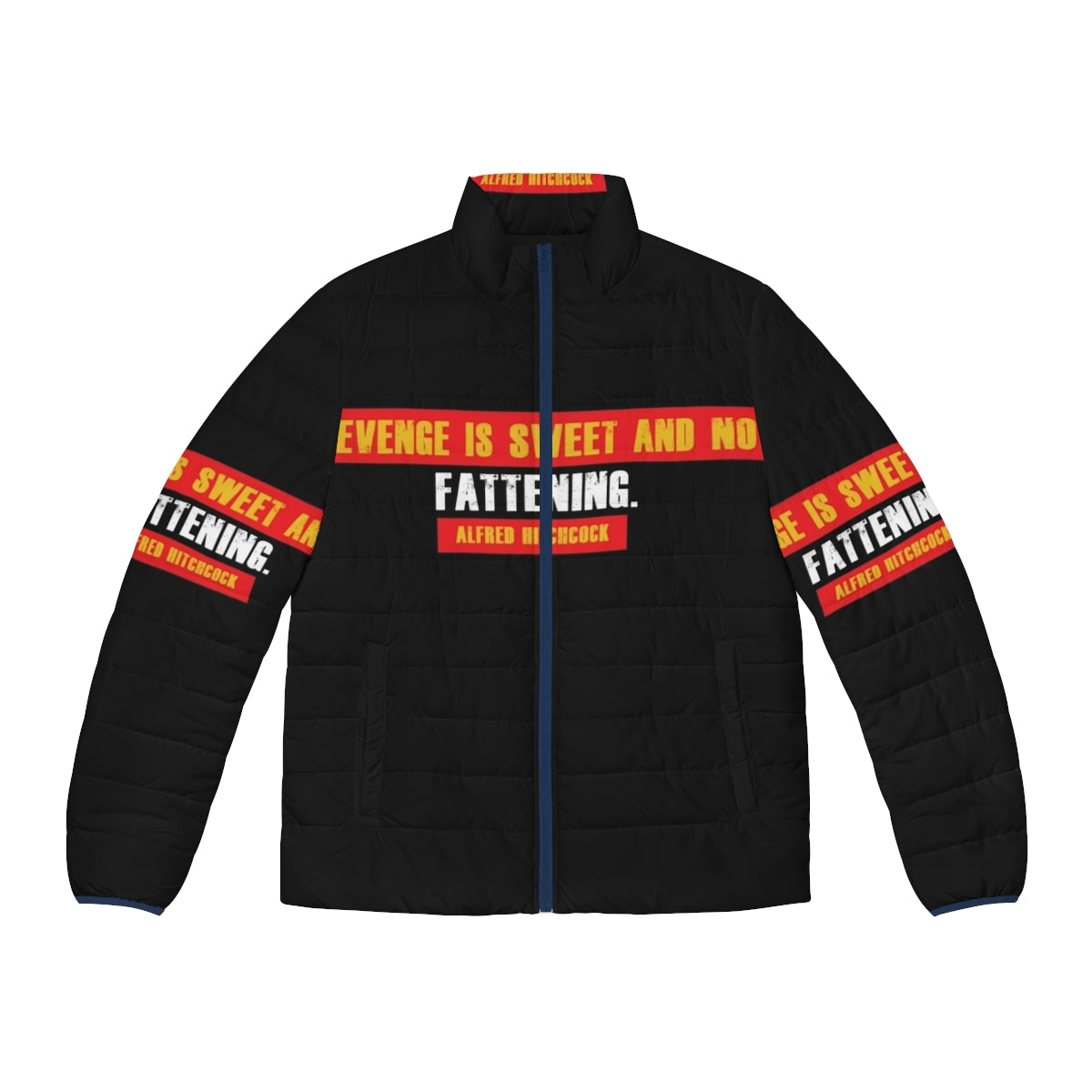 Alfred Hitchcock inspired puffer jacket with quotes and movie references