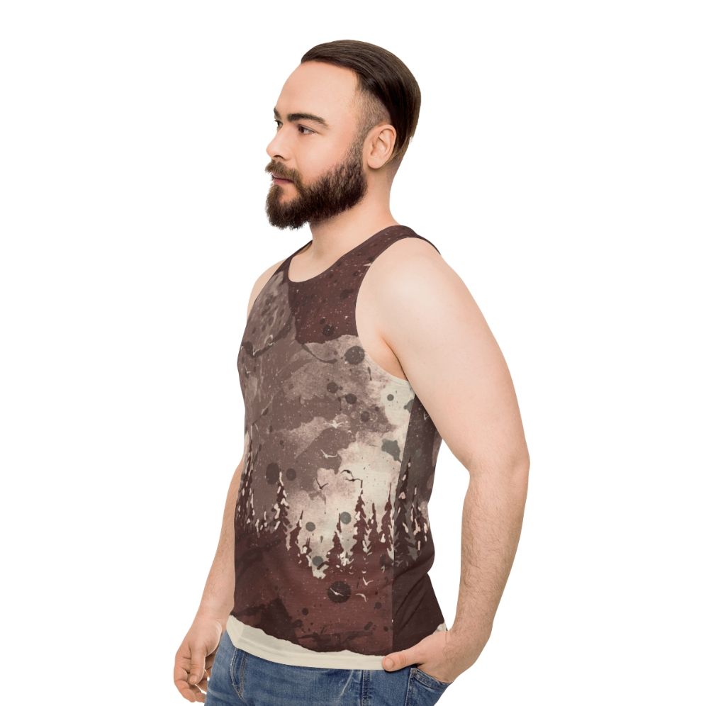 Unisex tank top with a bear design in a winter landscape - men side