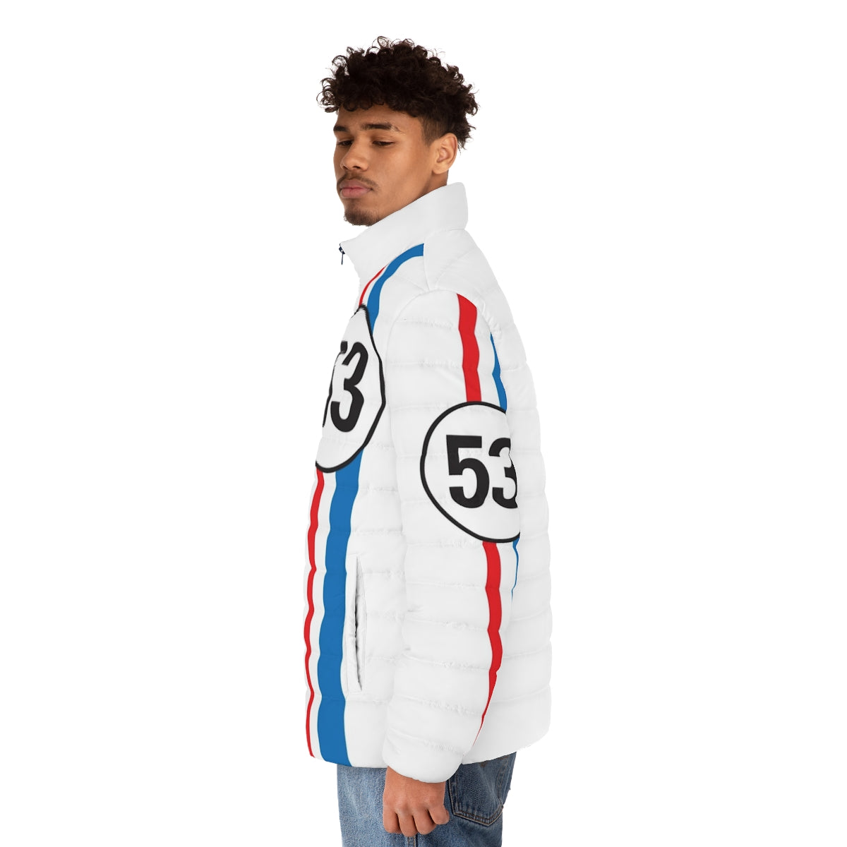 Herbie the Love Bug inspired puffer jacket with retro 53 beetle design - men side left