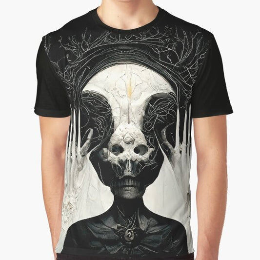 Necronomicon graphic t-shirt featuring HR Giger's dark, fantasy-inspired AI art created with Midjourney