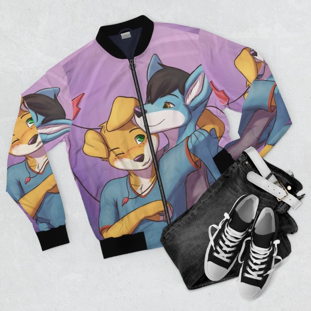 Weekend 1 album cover inspired bomber jacket featuring a furry couple design - Flat lay