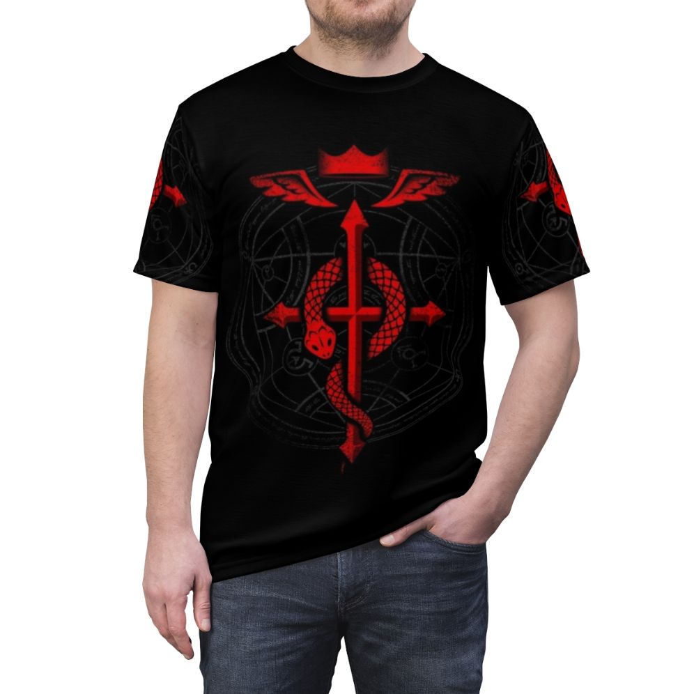 Alchemist Transmutation Circle T-shirt featuring the iconic eye of truth and alchemical symbols from the anime Fullmetal Alchemist. - men front