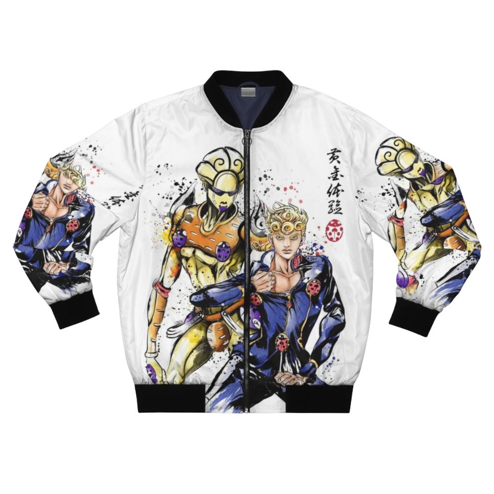 Watercolor anime-inspired bomber jacket with vibrant colors and patterns