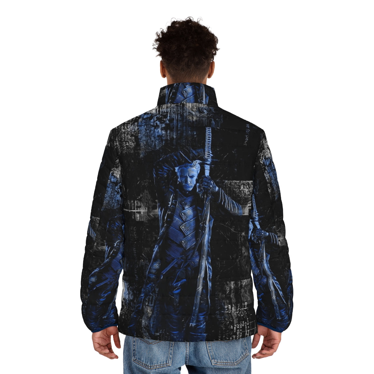 Blue puffer jacket with anime and video game inspired design - men back