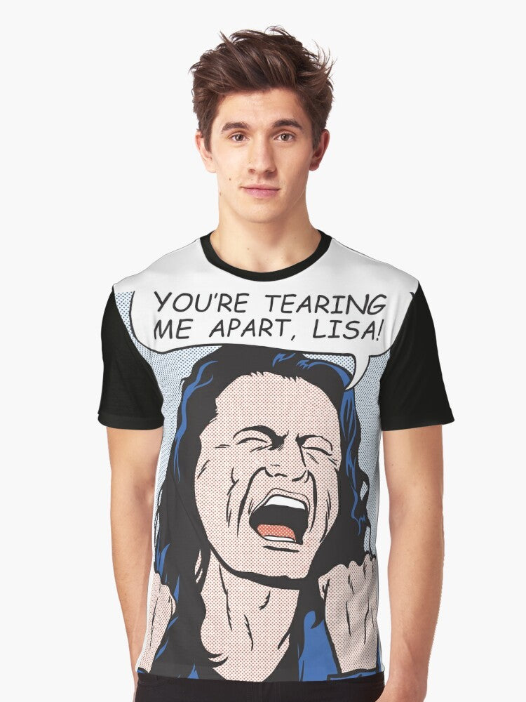 "You're Tearing Me Apart, Lisa!" The Disaster Artist graphic t-shirt featuring a pop art style design with a drowning girl, actor, and quote from the cult classic movie. - Men