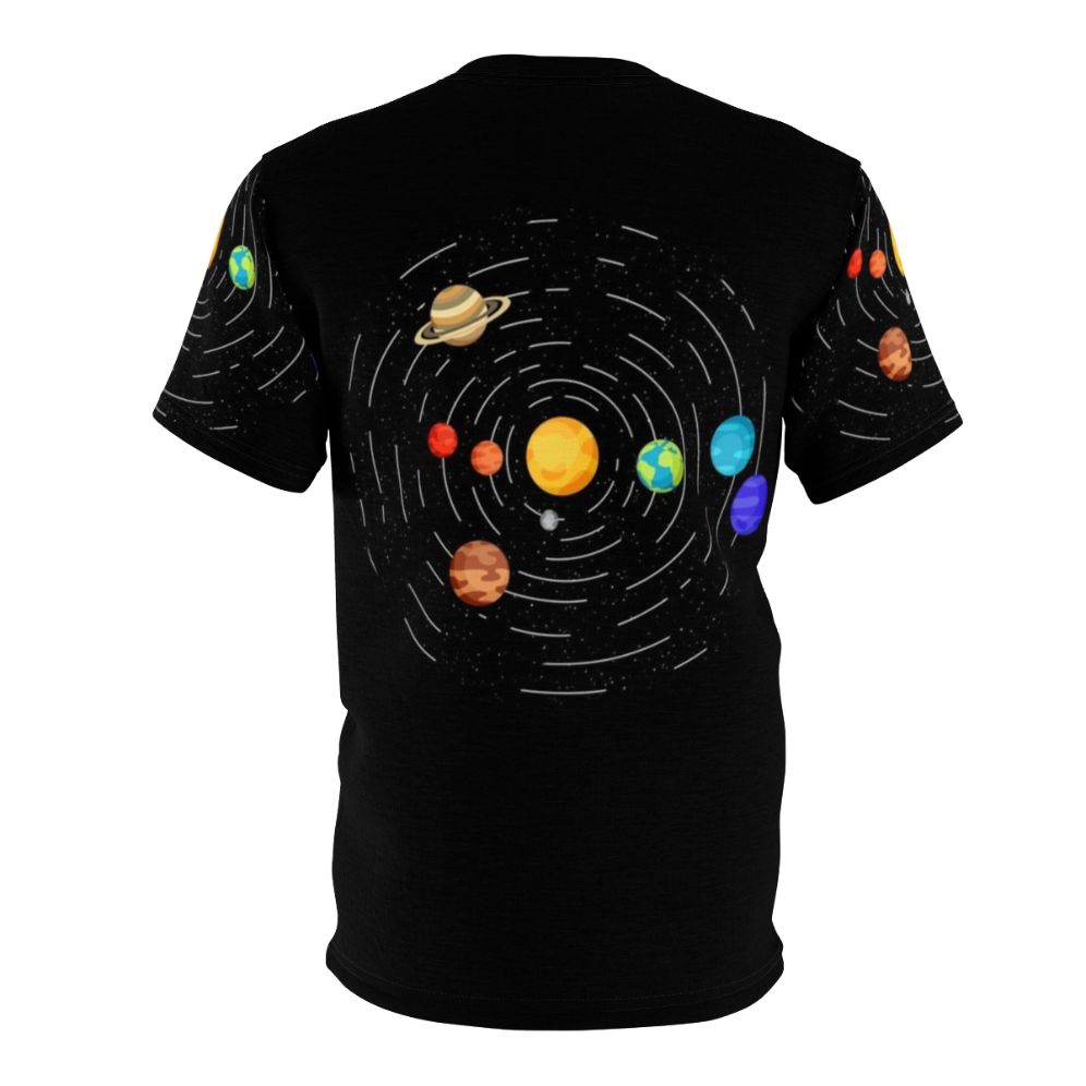 Discreet Pride Flag AOP T-Shirt featuring a minimalist, subtle design with a rainbow flag and space/planets motif. - Back