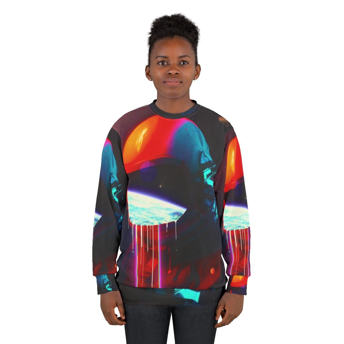 Cosmic leaking sweatshirt with surreal space exploration design - women