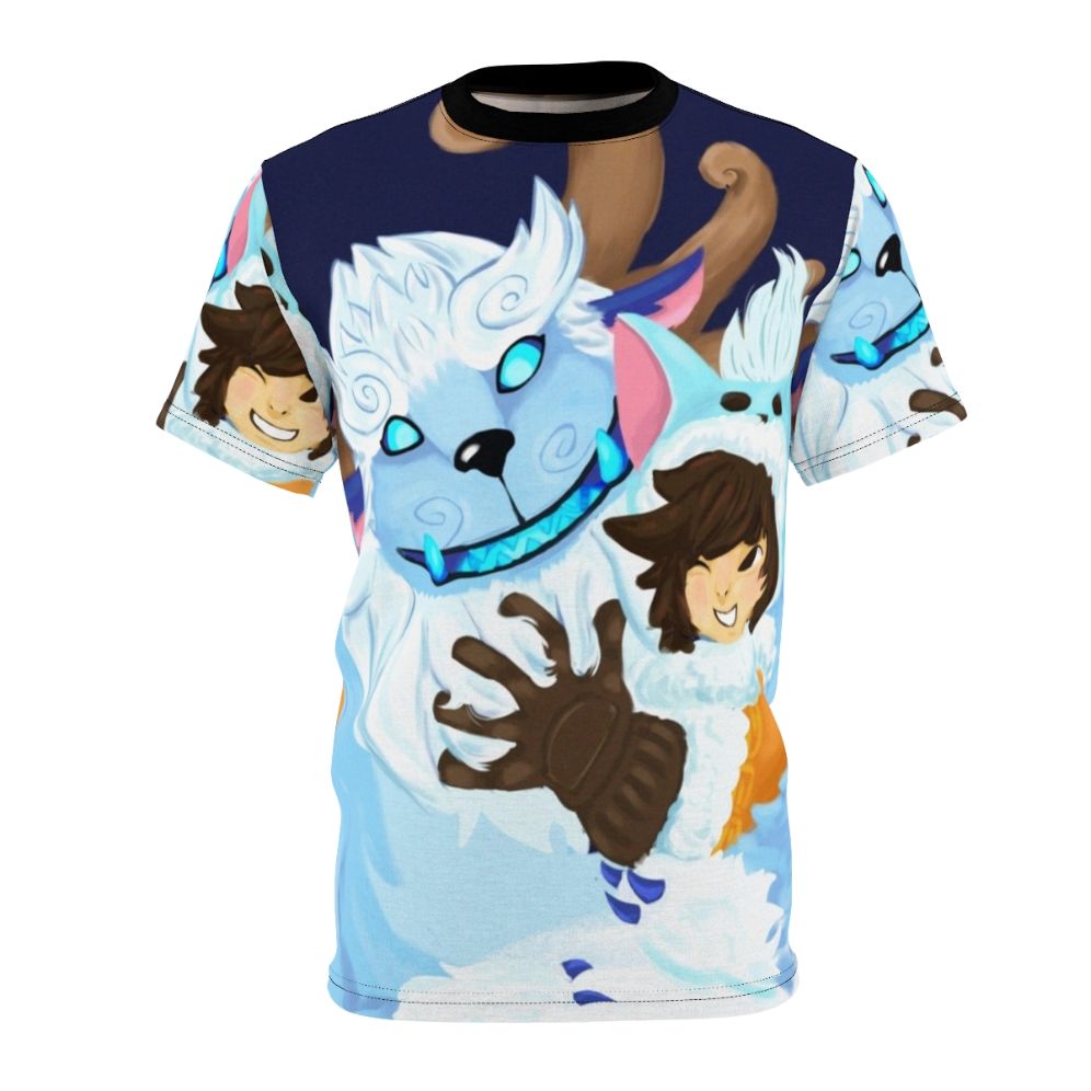 Nunu and Willump, the beloved League of Legends champions, hugging on a custom t-shirt design.