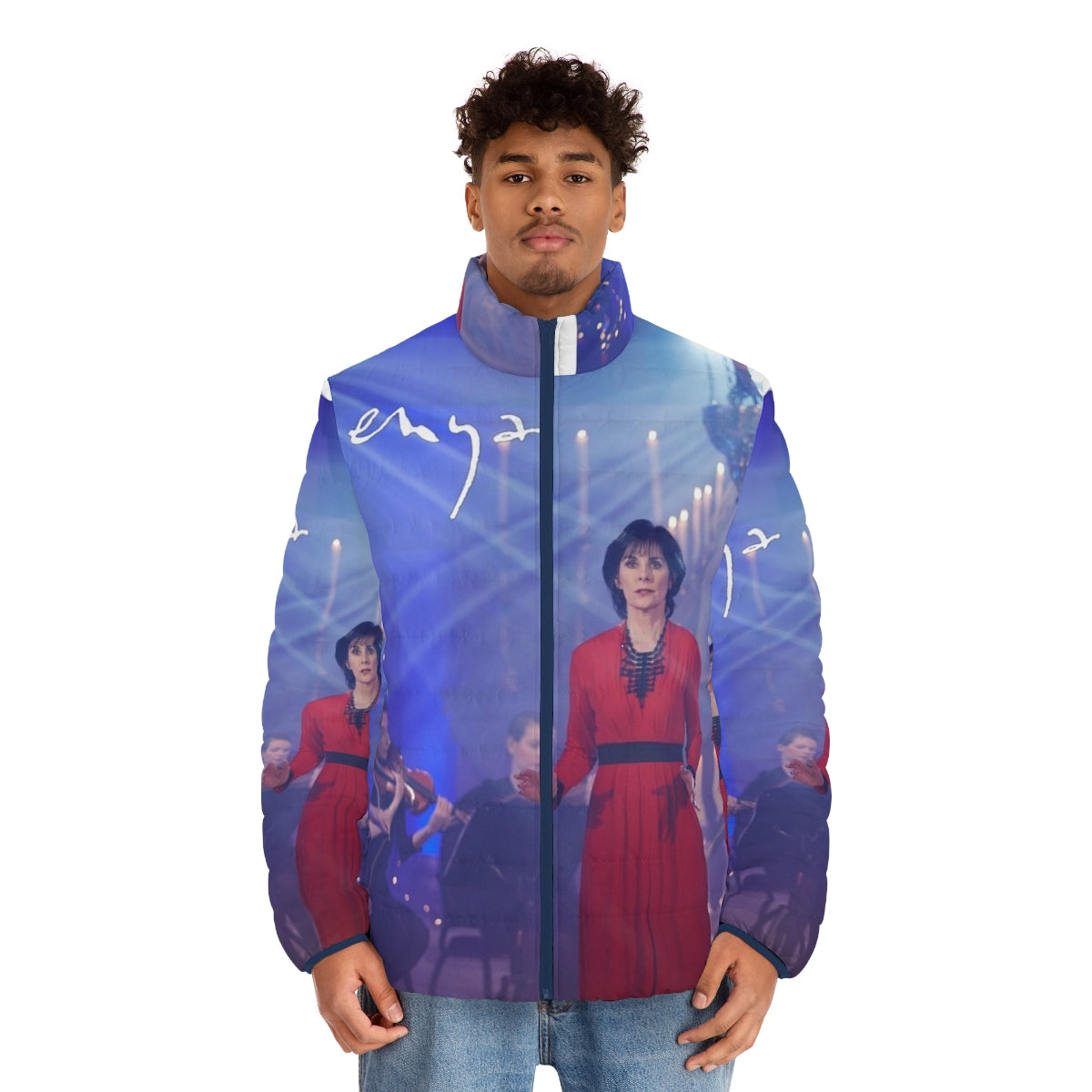 Enya-inspired puffer jacket with winter motifs and music-themed design - men front