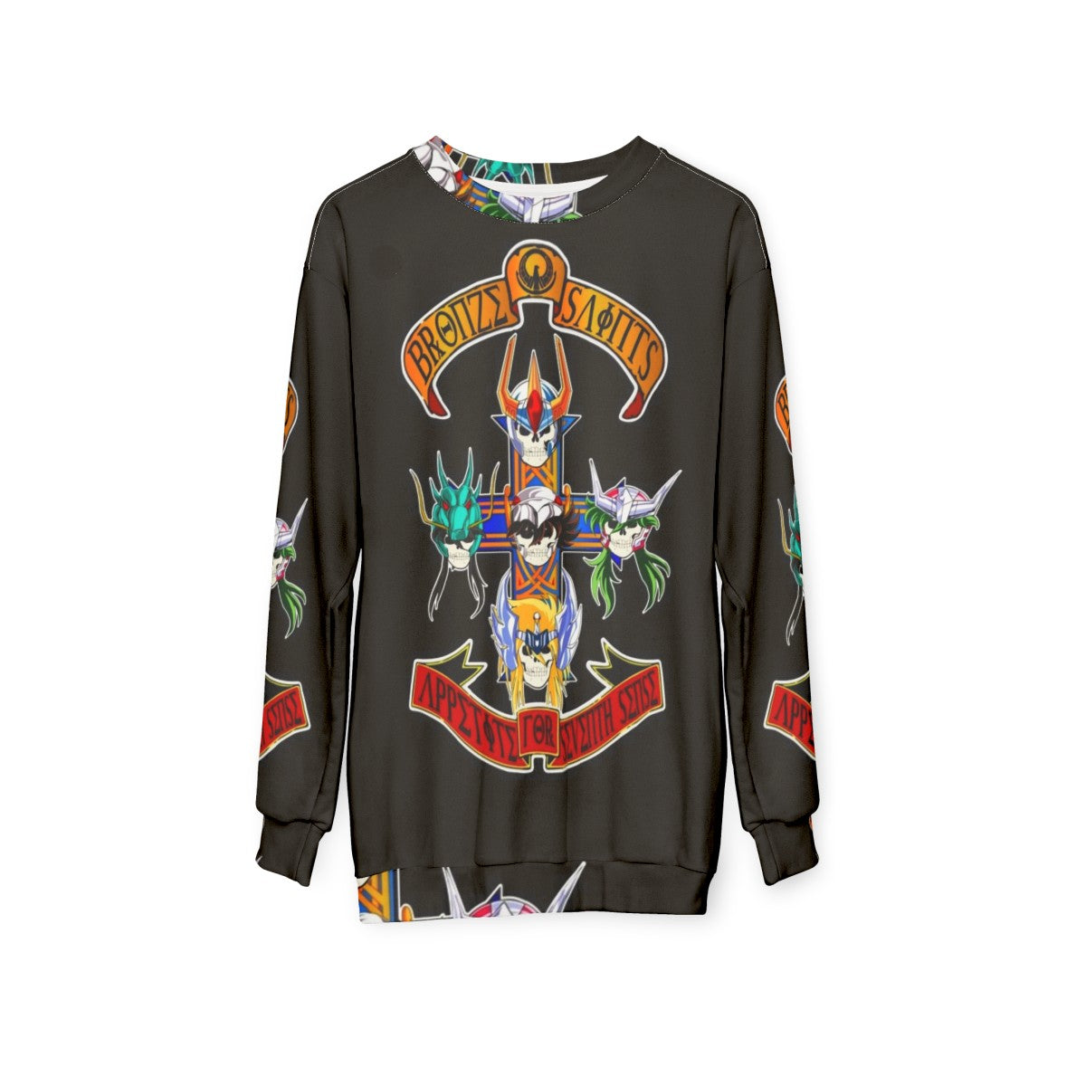 Saint Seiya anime-inspired sweatshirt with Zodiac Knights design - hanging