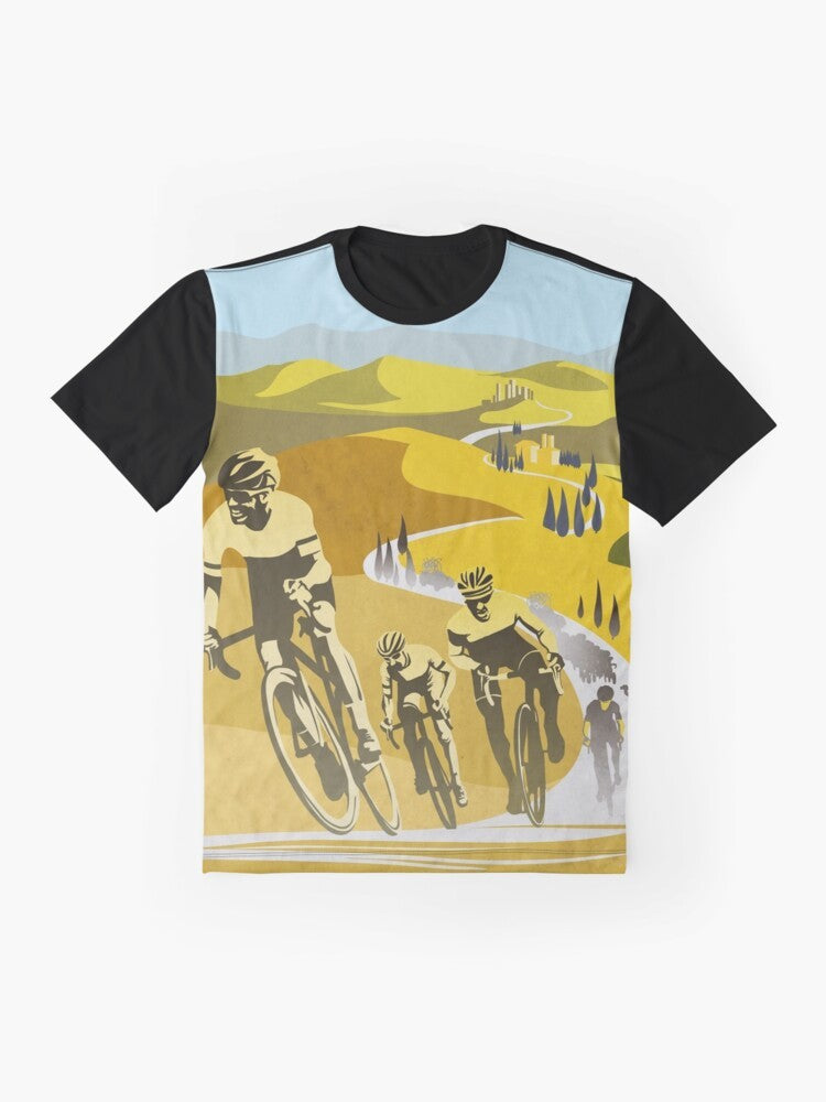 Vintage cycling art design featuring the Strade Bianche cycling race in Tuscany, Italy - Flat lay