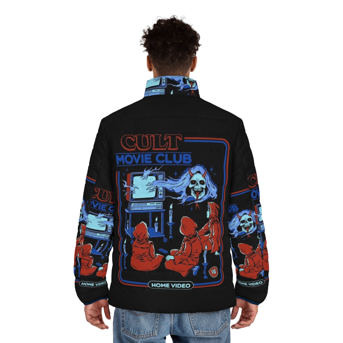 Cult Movie Club Vintage Puffer Jacket featuring retro horror film graphics - men back