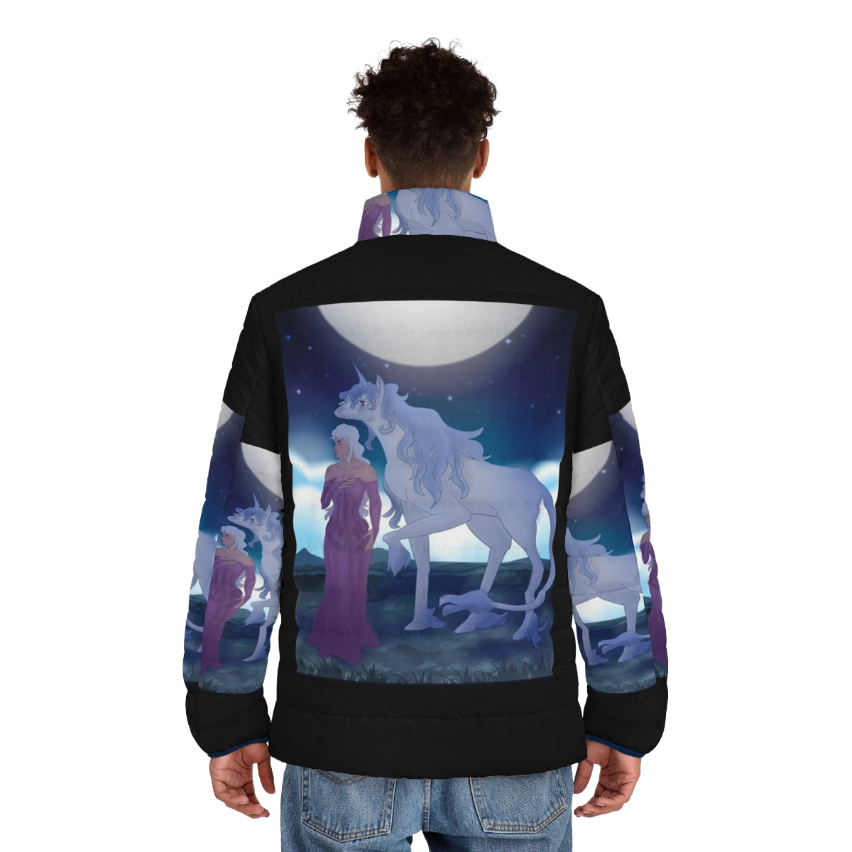 The Last Unicorn puffer jacket featuring original fantasy art of the unicorn Amalthea - men back