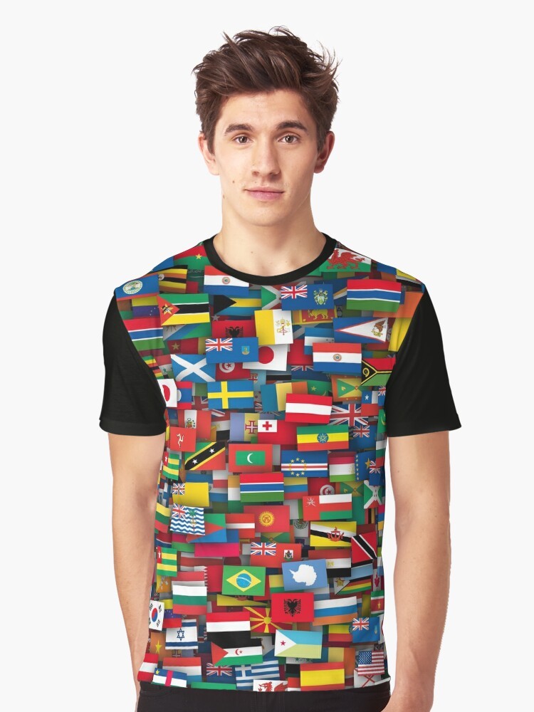 A graphic t-shirt featuring the flags of all countries in the world. - Men