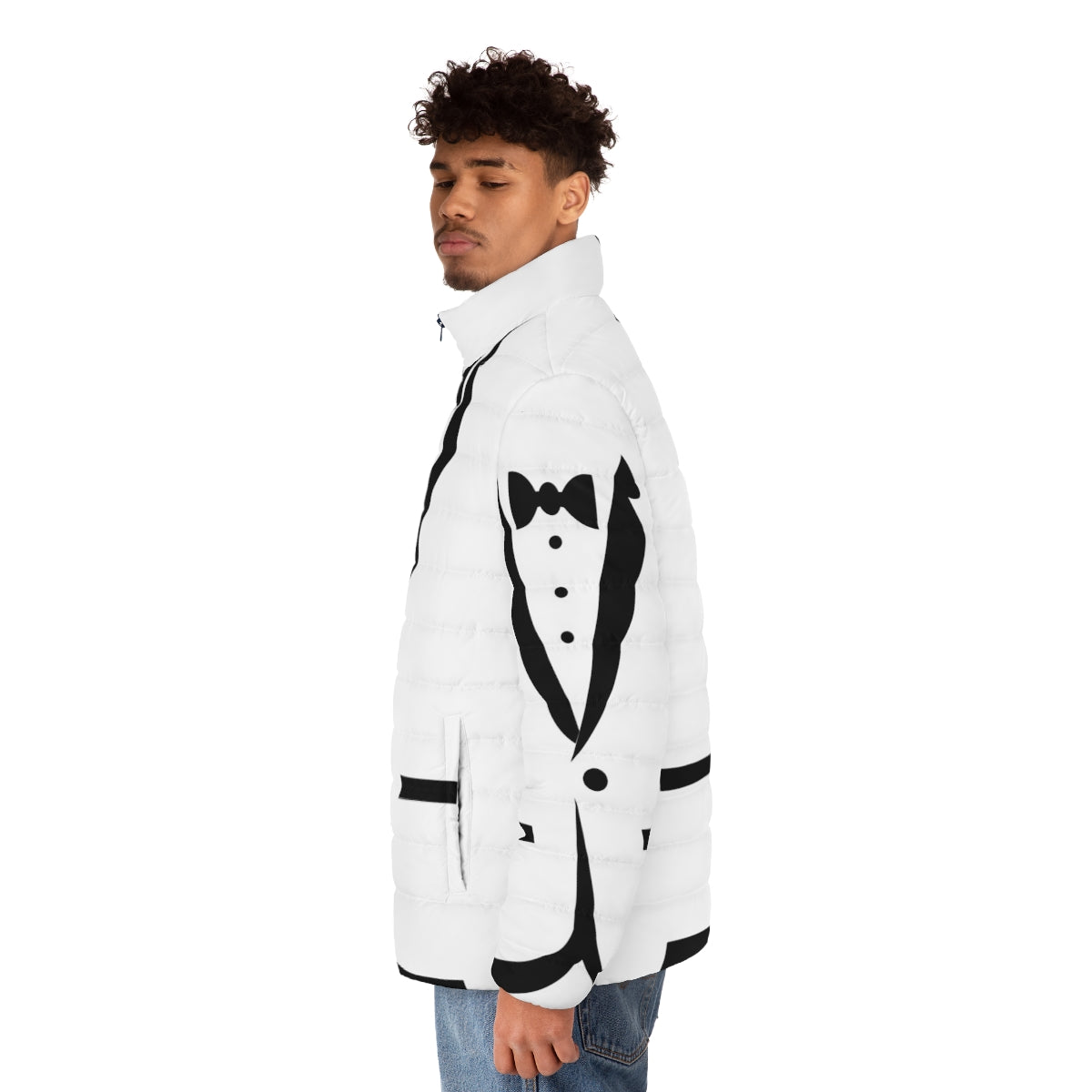 Bow tie tuxedo puffer jacket with animal print pattern - men side left