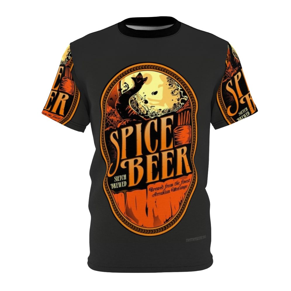 Dune-inspired t-shirt featuring a stylized Spice Beer label design with science fiction elements.