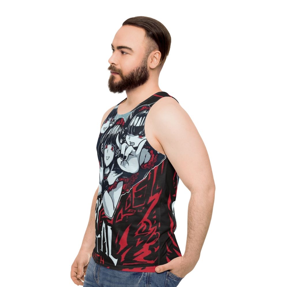 Babymetal inspired unisex tank top featuring kawaii anime and heavy metal graphic - men side