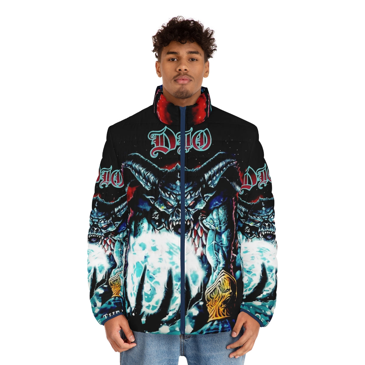 A puffer jacket featuring a metalhead design with a moon and demonic elements - men front