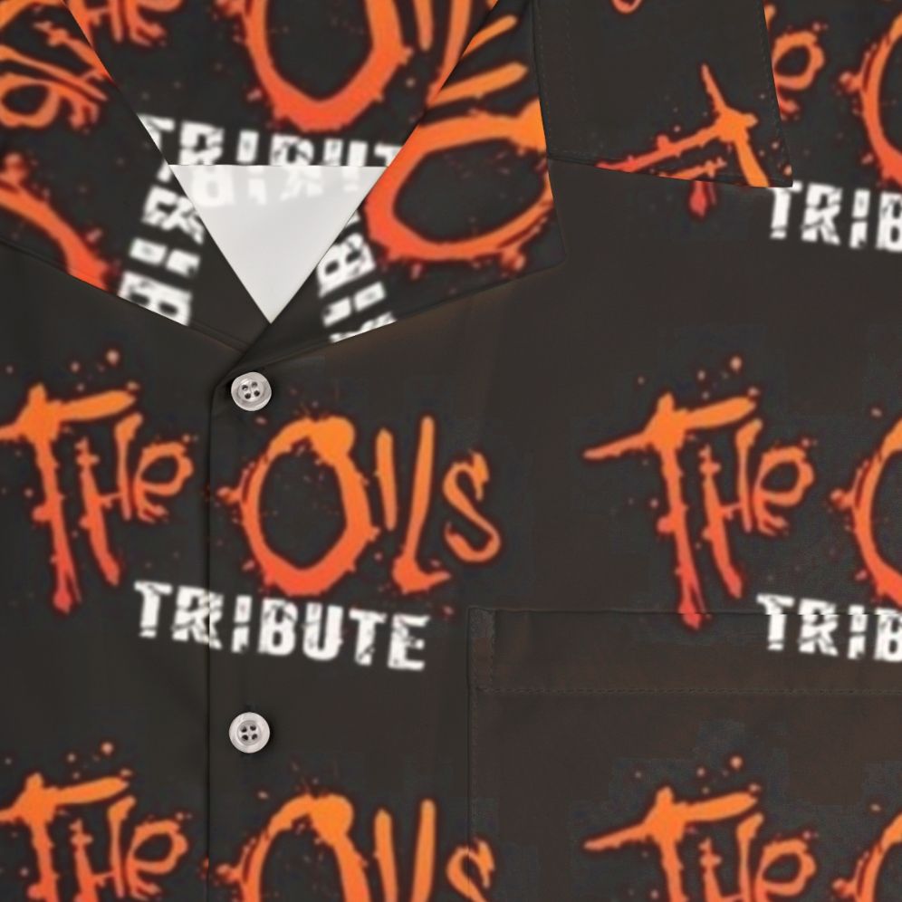 Orange Hawaiian shirt with The Oils Tribute logo - Detail