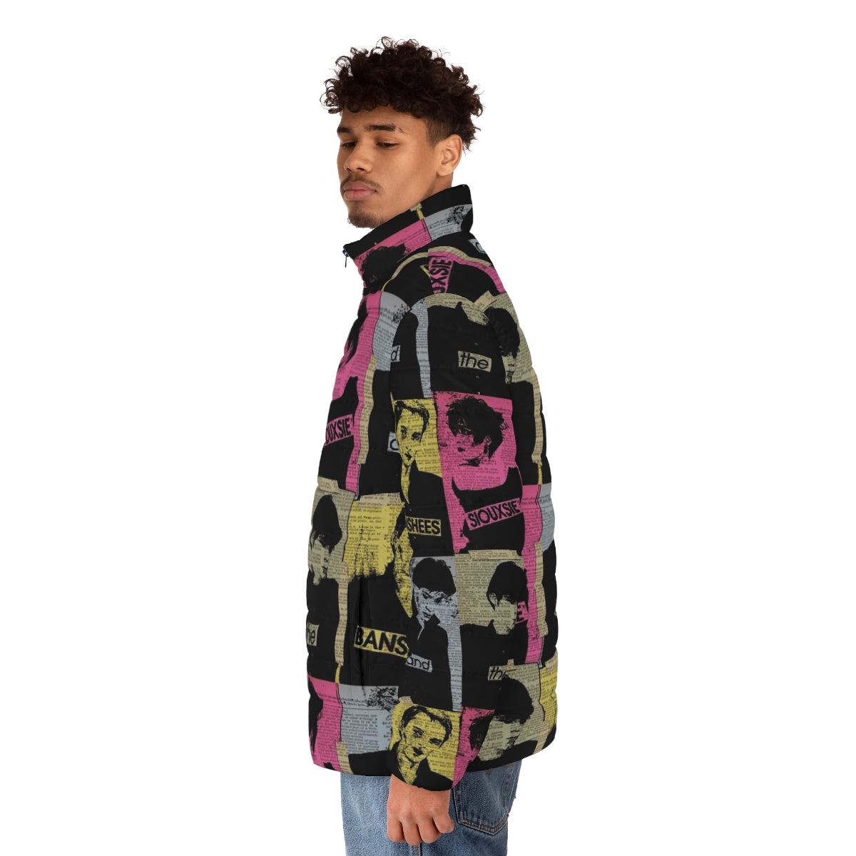 80s music puffer jacket featuring retro and vintage style - men side left