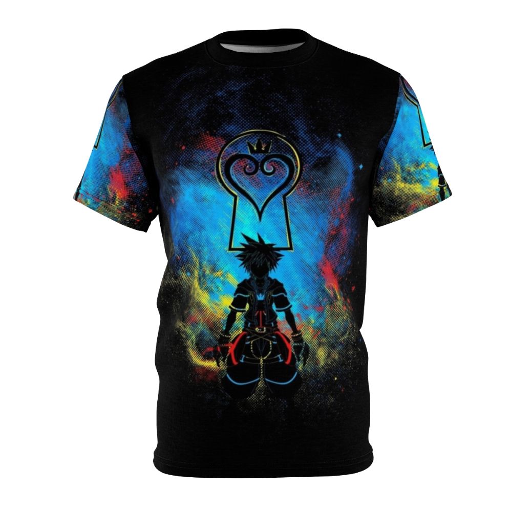 Stylized kingdom-inspired fan art design on a t-shirt featuring Sora and other elements from the Kingdom Hearts video game series.