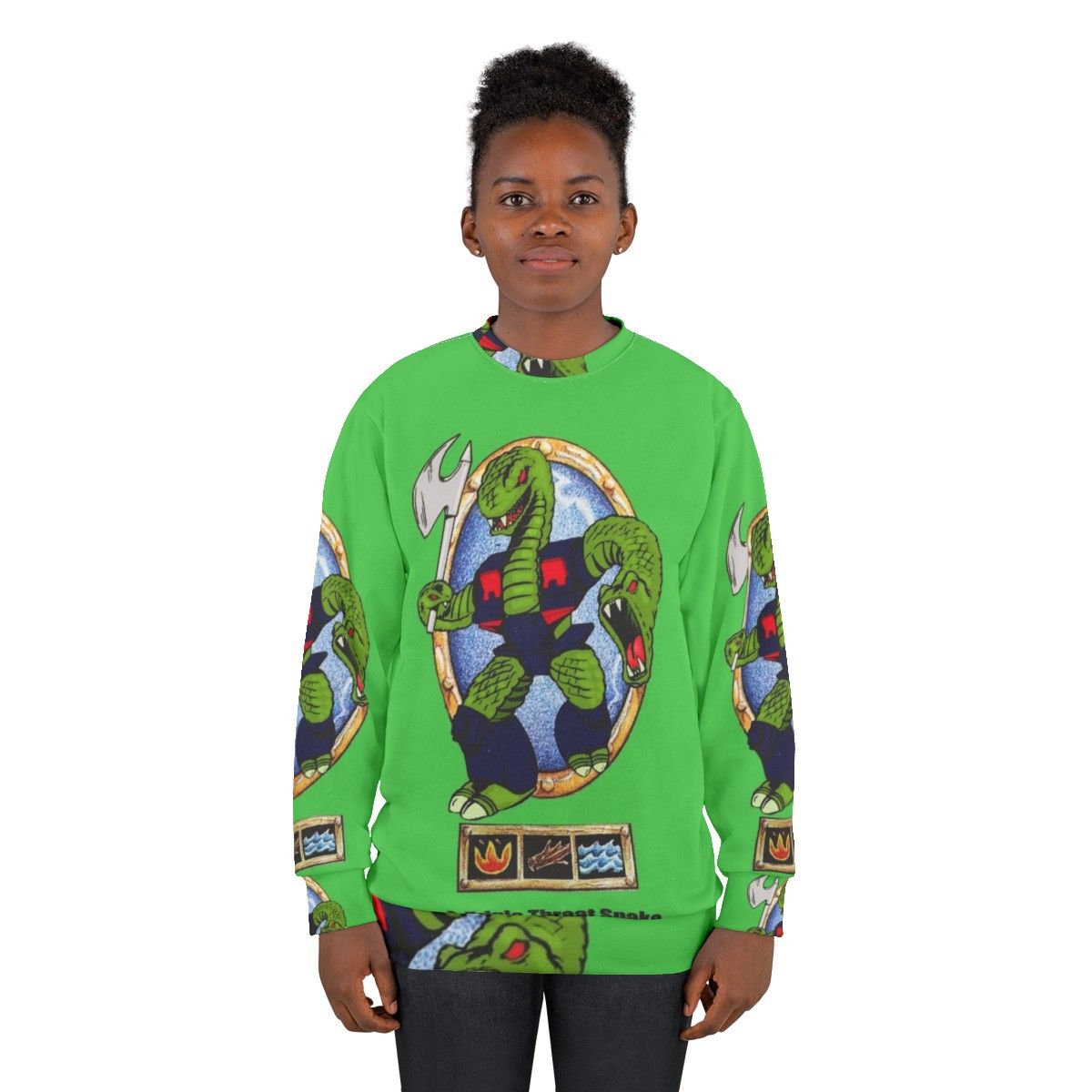 Battle Beasts 80s-style sweatshirt featuring vintage action figure graphics - women