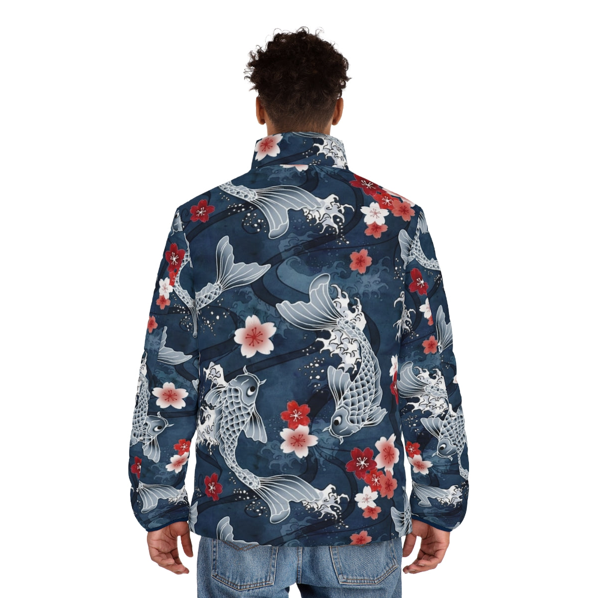 Blue puffer jacket with floral koi fish and sakura blossom watercolor design - men back