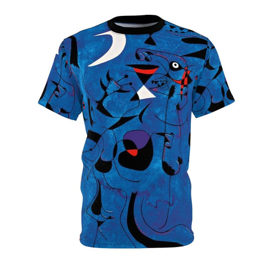 T-shirt featuring colorful abstract shapes and patterns reminiscent of the iconic artwork of Joan Miro.