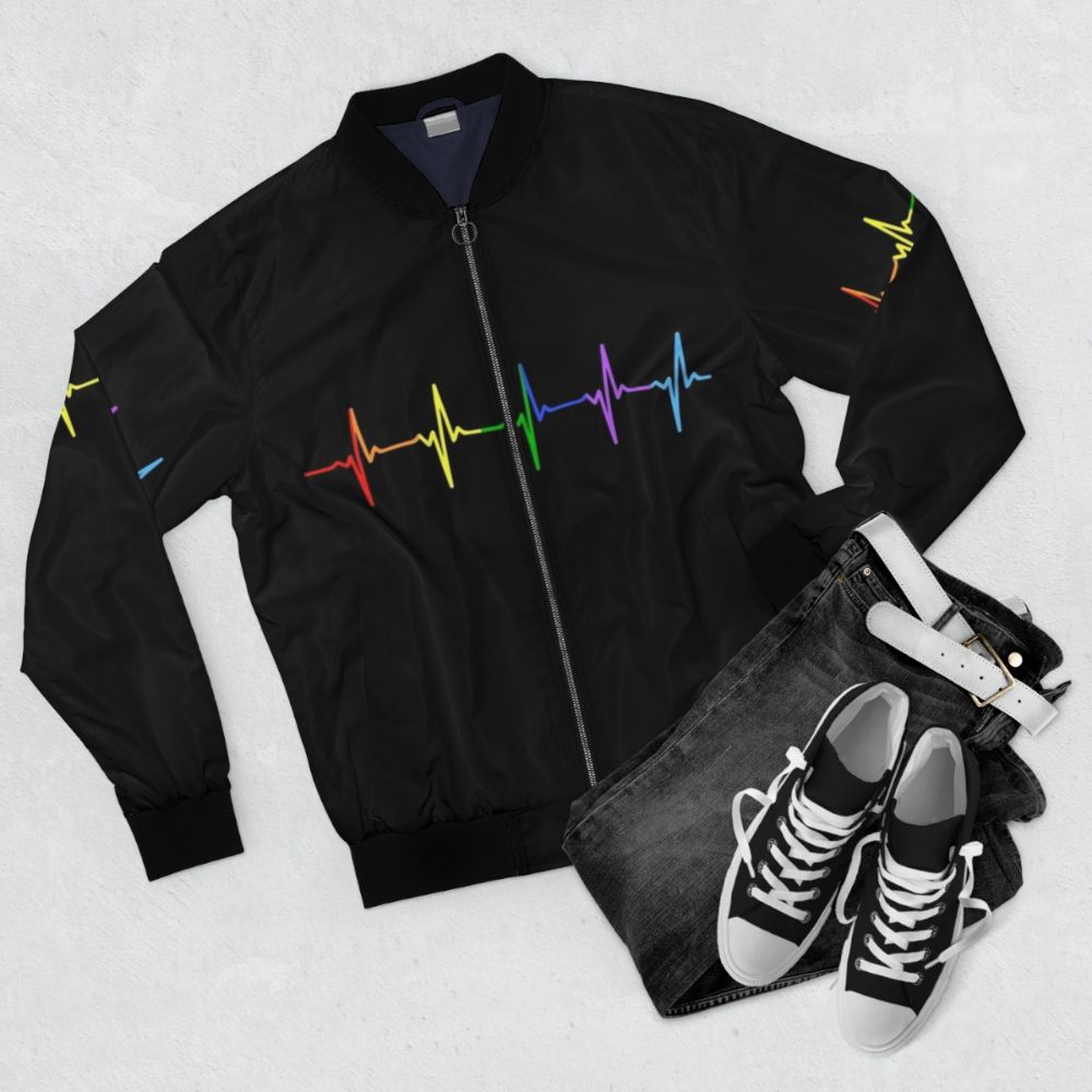 Rainbow LGBTQ Pride Bomber Jacket with Heartbeat Pulse Design - Flat lay