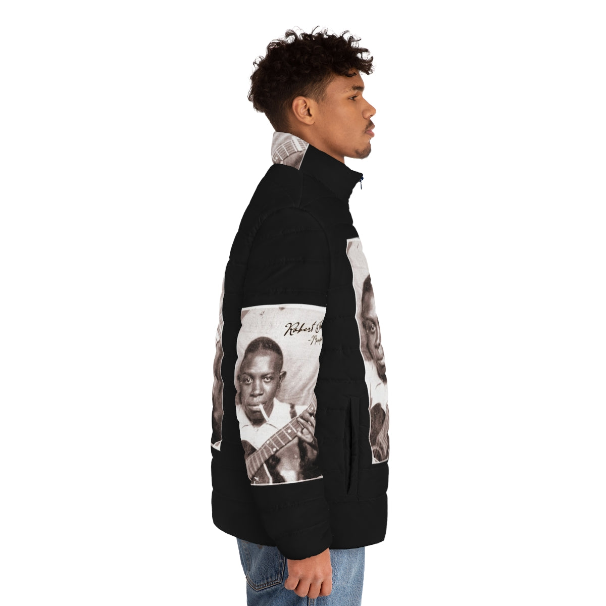 Retro Robert Johnson Blues Puffer Jacket featuring a vintage-style portrait of the legendary blues musician - men side right