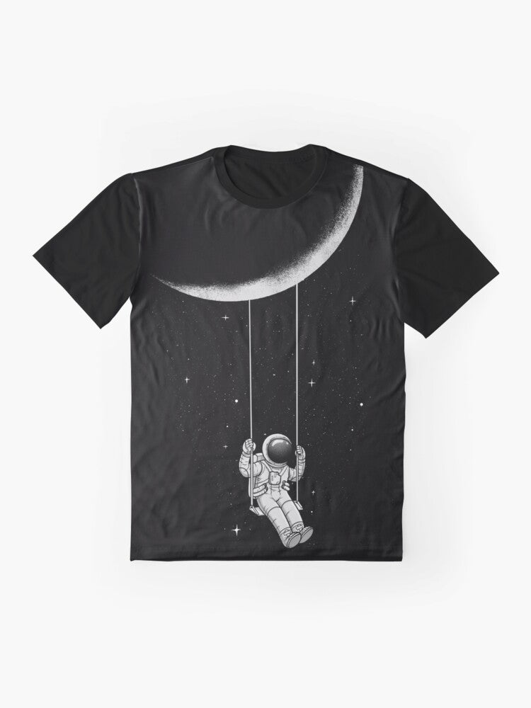 A surrealist black and white graphic t-shirt with an abstract moon swing design - Flat lay