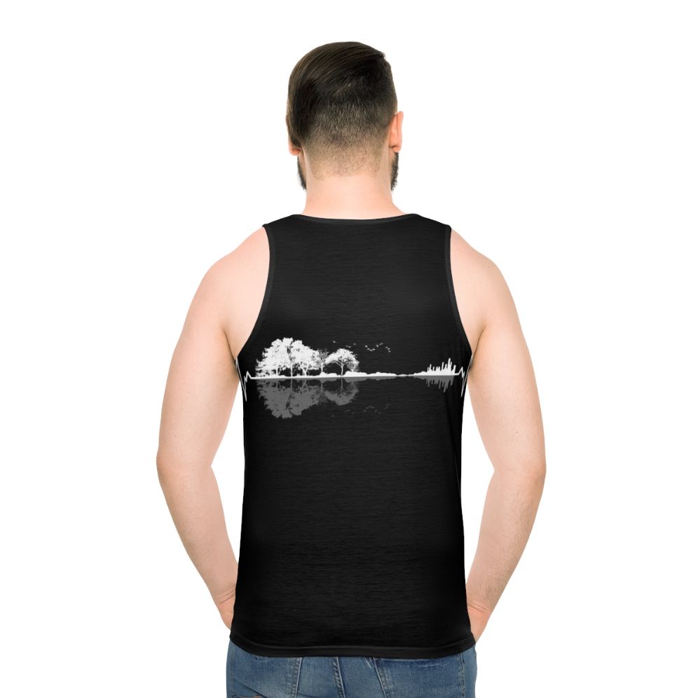 Unisex tank top with minimalist design featuring nature and music motifs - men back