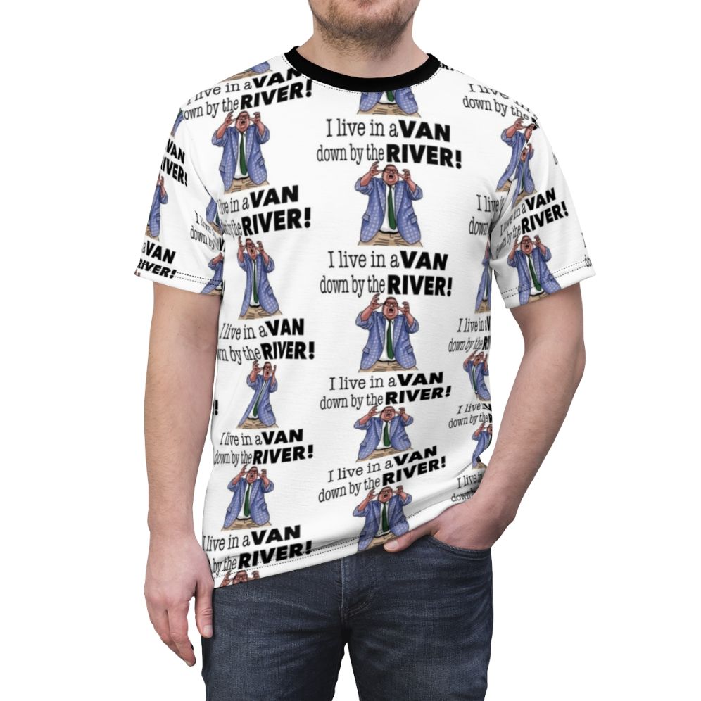 Retro raised hands parody t-shirt featuring Chris Farley's iconic Matt Foley character from Saturday Night Live - men front