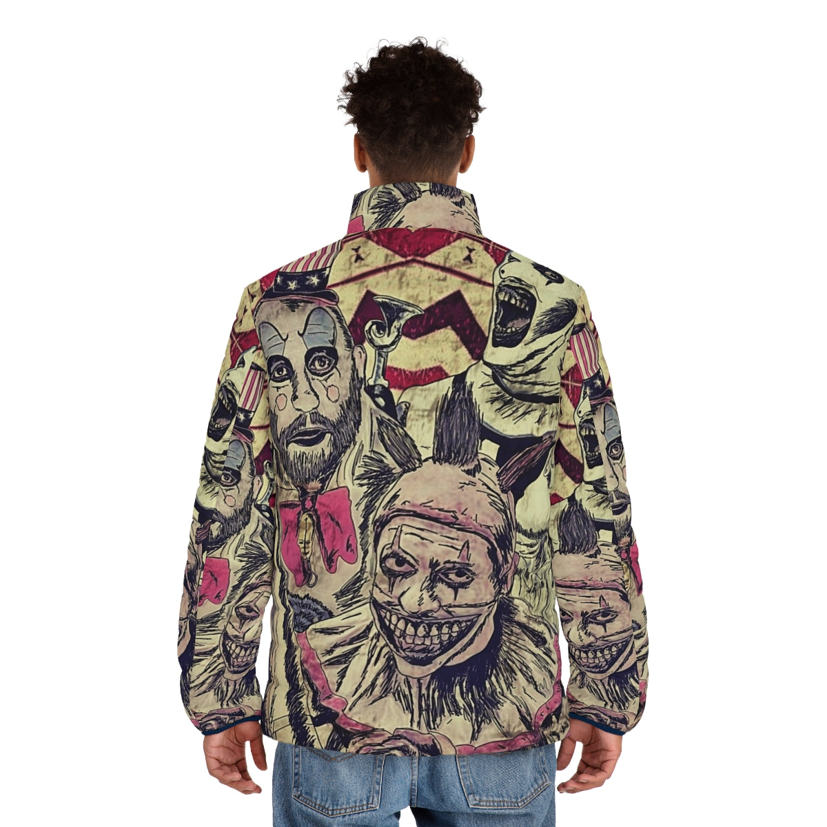 Creepy clown puffer jacket with horror movie-inspired design - men back