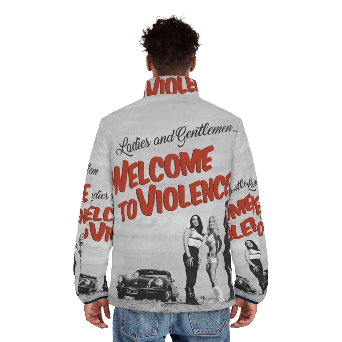 Vintage-inspired puffer jacket with "Violence" graphic, perfect for cult movie and fashion enthusiasts. - men back