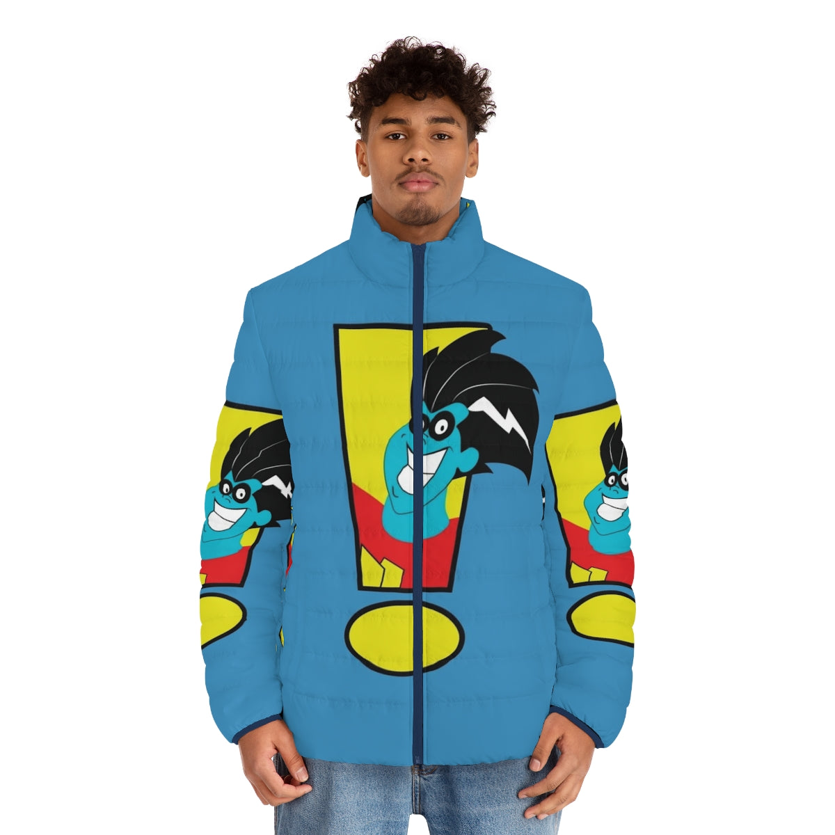 Freakazoid puffer jacket, a nostalgic 90s cartoon superhero design - men front