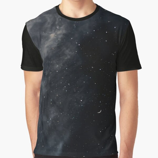 Melancholy landscape graphic t-shirt featuring a night sky with the moon, stars, and a dark, moody scene